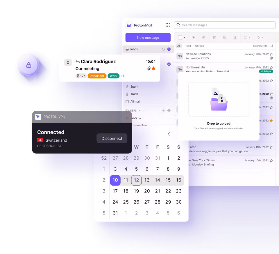 Images of Proton Mail, Proton VPN, Proton Drive, and Proton Calendar interfaces.